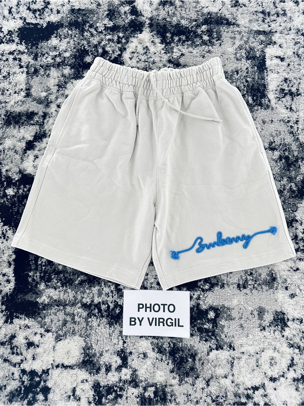 Burberry Cream Drawstring Shorts with Blue Embroidery Detail New Without Tags